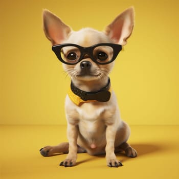 breed dog animal chihuahua clever wear little glasses funny sunglasses studio yellow mammal portrait happy cool background pet puppy pedigree cute. Generative AI.