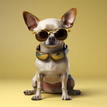 cool dog glasses cute copy pedigree yellow sunglasses background canino chihuahua humor wear animal doggy portrait smart space funny pet puppy purebred. Generative AI.