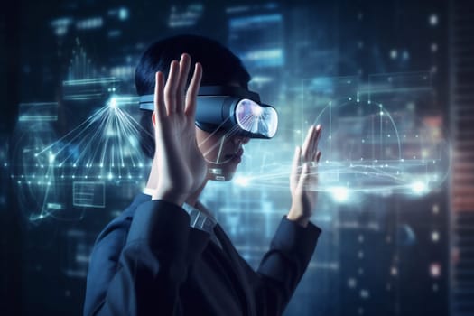 woman goggles game future digital modern glasses technology concept vr hologram headset innovation network virtual futuristic line cyber screen business tech. Generative AI.