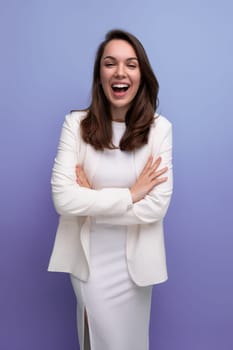 joyful winner brunette young woman in white dress won beauty contest.