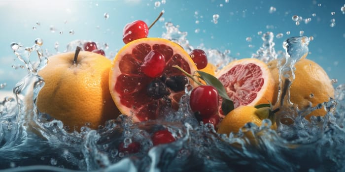 citrus concept green clean healthy food white wave red vitamin fresh natural strawberry fruit drop background liquid water delicious health space copy. Generative AI.