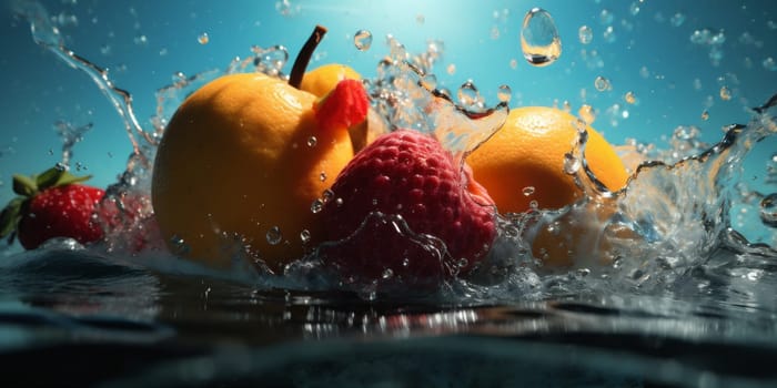clean water isolated vitamin strawberry citrus tropical wave grape sweet splash fruit fresh background food drop healthy liquid green splashing red. Generative AI.