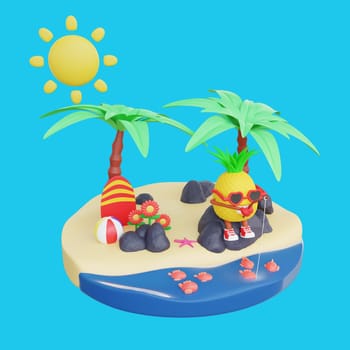 3D render design of a cute pineapple character for summer vacation