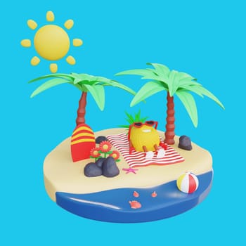 3D render design of a cute pineapple character for summer vacation