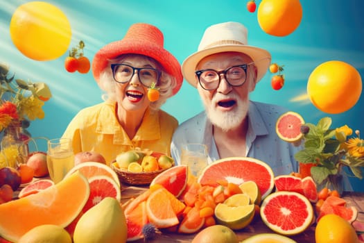 Proper Nutrition. Giving up bad habits, health, a strong body, Older age to be happy and cheerful and cheerful, Senior couple, old seniority, Healthy eating, fruits and vegetables