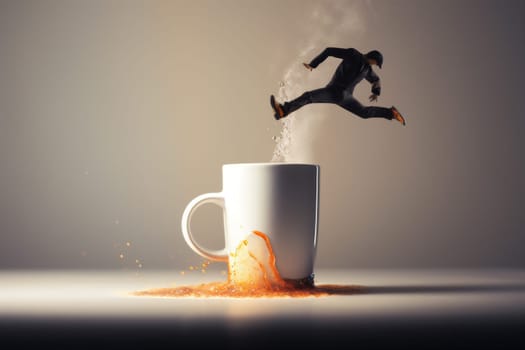 mug aroma rustic wood drink coffee espresso hot bean breakfast brown latte foam morning background cup dark smoke closeup cafe. Generative AI.