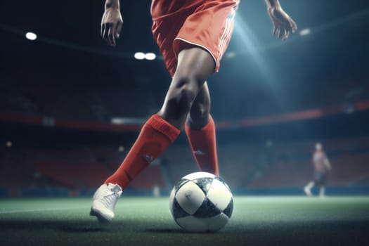 competitive stadium kick soccer background active football league goal fan competition ball field outdoor sport play game foot team action. Generative AI.