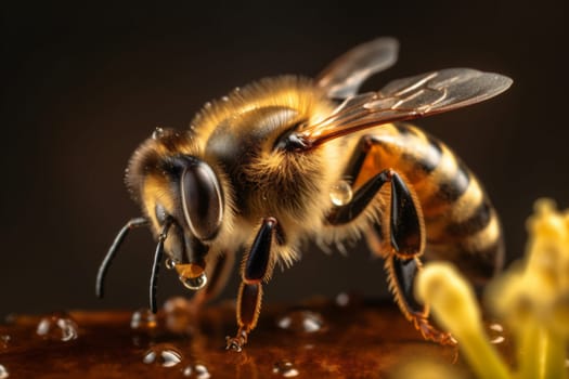 closeup wildlife gold ai insect wing macro working beeswax bee generative summer honey apiculture pollen honeyed yellow buzz background medicine nature. Generative AI.