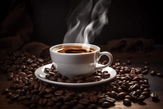 drink smoke table bean cafe caffeine mug breakfast brown cup espresso retro foam dark wooden white morning closeup aroma rustic. Generative AI.