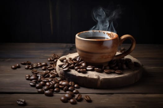 brown bean morning espresso closeup table cappuccino wooden cup retro grain background dark cafe drink mug breakfast texture roast aroma. Generative AI.