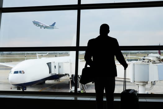 Airport silhouette, plane travel or man watch airplane fly, flight booking or transportation for world trip. Suitcase luggage, departure or back of person on holiday tour, vacation or global journey.