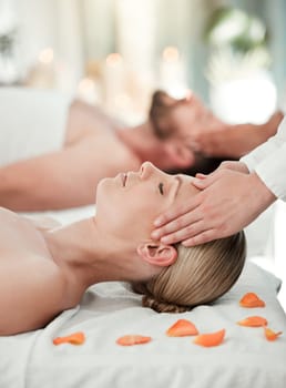 Couple, head massage or relax wellness in hotel, hospitality salon or zen spa in stress release, relax or self care. Reiki hands, man or woman on table bed for peace, headache relief or healthy sleep.