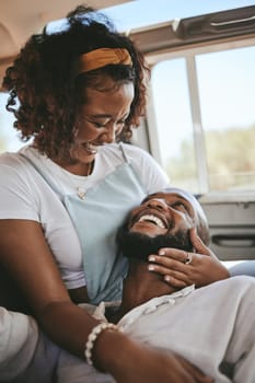 Black couple, smile and laugh for love in road trip adventure, travel and relaxing together. African American man and woman in loving, caring and embracing relationship for traveling in nature.