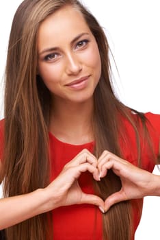 Woman, love portrait and hands shape together for support, peace and relax calm energy in white background. Model, face and heart symbol, emoji icon sign and romance hand gesture isolated in studio.