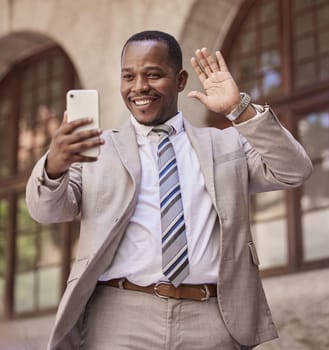 Businessman, video call and phone with smile and wave for hello, introduction or communication in the outdoors. Happy black man smiling for 5G connectivity, conversation or discussion on smartphone.