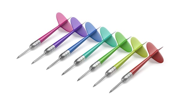 Row with different colored darts on white background