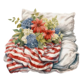 Cozy farmhouse decoration Comfy Cushion with Blanket and flowers Illustration Clipart. Isolated fourth of July element on white background for Independence Day sublimation design.