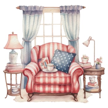 Cozy farmhouse decoration comfy lazy sofa window corner Illustration Clipart. Isolated fourth of July element on white background for Independence Day sublimation design.