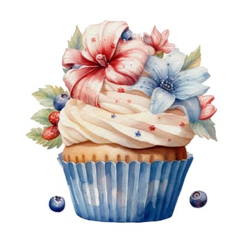 Cozy farmhouse Party Berries Cupcake Illustration Clipart. Isolated fourth of July element on white background for Independence Day sublimation design.