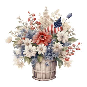 Cozy farmhouse decoration vintage flowers pot Illustration Clipart. Isolated fourth of July element on white background for Independence Day sublimation design.