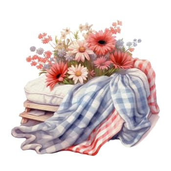 Cozy farmhouse decoration with cushion flowers and buffalo plaid blanket Illustration Clipart. Isolated fourth of July element on white background for Independence Day sublimation design.