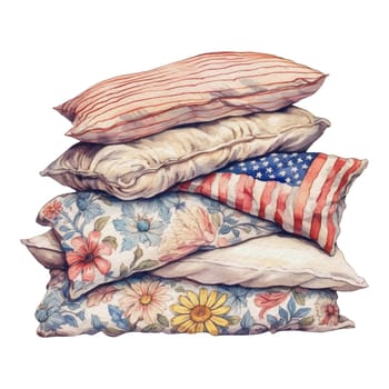 Cozy farmhouse decoration with a pile of pillows in different patterns illustration clipart. Isolated fourth of July element on white background for Independence Day sublimation design.