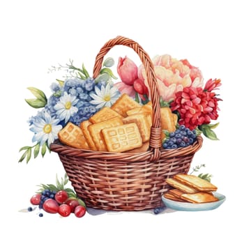 Cozy farmhouse decoration party snacks basket with fruits and flowers Illustration Clipart. Isolated fourth of July element on white background for Independence Day sublimation design.