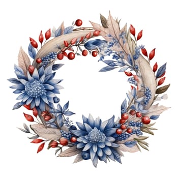 Cozy farmhouse decoration red white blue flowers wreath Illustration Clipart. Isolated fourth of July element on white background for Independence Day sublimation design.