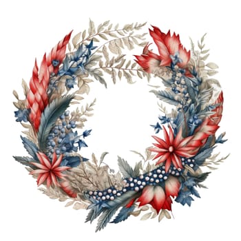 Cozy farmhouse decoration red white blue flowers wreath Illustration Clipart. Isolated fourth of July element on white background for Independence Day sublimation design.