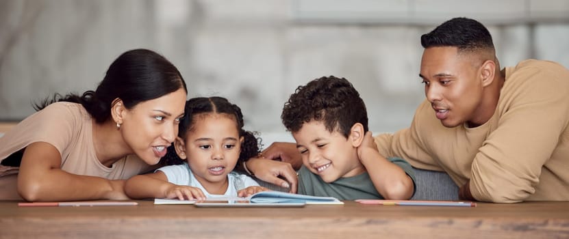 Mom, dad and kids with books for reading, learning and education in home together for bonding. Black family, children and book on desk for study, childhood development and spelling of words in house.