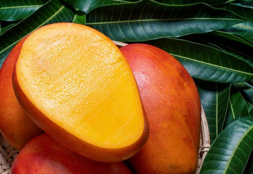 Fresh Mango - Juicy diced fruit in bamboo sieve on green color leaves background. Tropical summer concept. Top view, close up, macro, copy space.