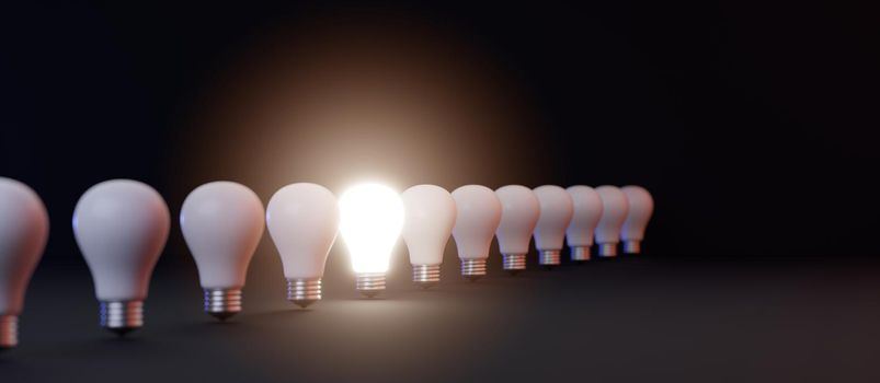 Glowing light bulb on bright between others on dark background, Leadership, great idea, electric power energy, Minimal lightbulb among a lot of turns off light bulbs, 3D rendering illustration