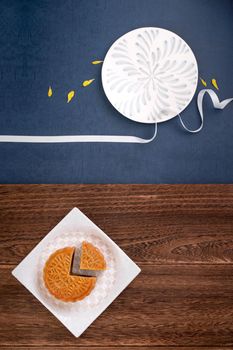 Creative Moon cake Mooncake design inspiration, enjoy the moon in Mid-Autumn festival with pastry and tea on wooden table concept, top view, flat lay