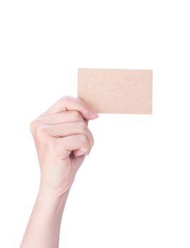 Young asia clean girl hand holding a blank kraft brown paper card template isolated on white background, clipping path, close up, mock up, cut out