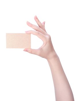 Young asia clean girl hand holding a blank kraft brown paper card template isolated on white background, clipping path, close up, mock up, cut out