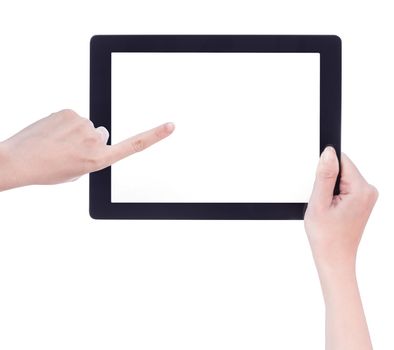 Young beautiful girl holding a black tablet pc template with white screen isolated on white background, close up, mock up, clipping path, cut out
