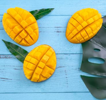 Fresh mango - beautiful chopped fruit with green leaves on bright blue timber background. Tropical fruit design concept. Flat lay. Top view. Copy space