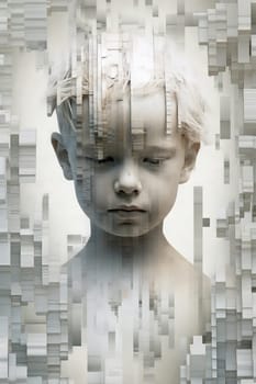 Pixelated child portrait in white and grey tones - generative AI - AI generated