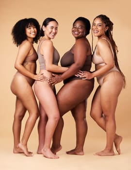 Body, skin and diversity women portrait in studio for inclusion, beauty and power. Underwear model or friends group on beige background with cellulite, pride and motivation for self love it skincare.