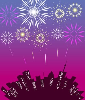 City skyline with festive fireworks. Glowing light over the city. Holiday cityscape background. Jpeg illustration.