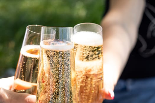 aesthetics glass at a picnic. sparkling champagne glasses. Three full glasses of champagne touch. High quality photo. friends are drinking in nature. Alcohol picnic. life style