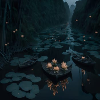 pond filed with lotus flowers, bamboo flame torches. High quality photo