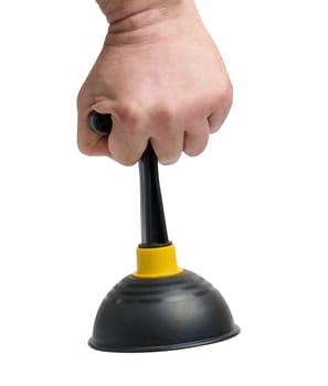 Black rubber plunger in a male hand on a white isolated background