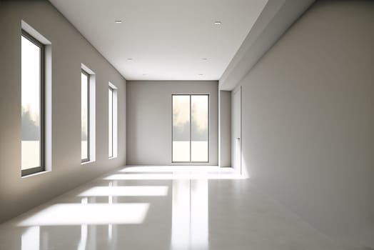 The modern interior of an empty white living room with large windows, large windows overlook nature, sunlight penetrates into the room. Ai generative