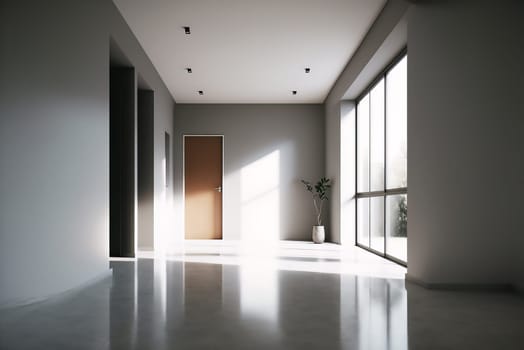 The modern interior of an empty light gray living room with large window, large windows overlook nature, sunlight penetrates into the room, brown door and pot with plant . Ai generative
