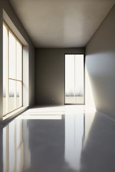 Modern interior of an empty light gray room with windows . Vertical. Ai generative