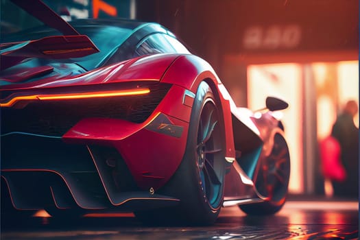 An red sports car stands in the evening on the street. Ai generative