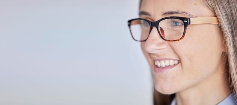 Mockup, business and woman with glasses, vision and advertising against a grey studio background. Female employee, lady and manager with eyewear, happiness and confidence with clear sight and smile.