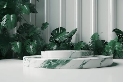 nature light advertising leaf green marble beauty platform up plant branch mock creative fresh stage floor podium design color space 3d. Generative AI.