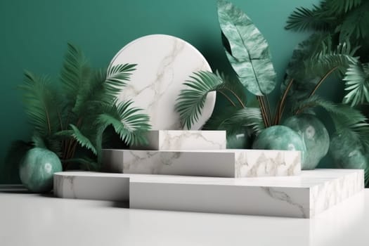 creative summer space green design leaf scene fresh mock modern white empty up podium presentation advertising color background composition platform marble. Generative AI.